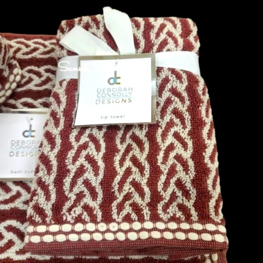 6 piece Bath Hand Tip Towel Set Heringbone Dot Deborah Connolly Quick Dry Cotton